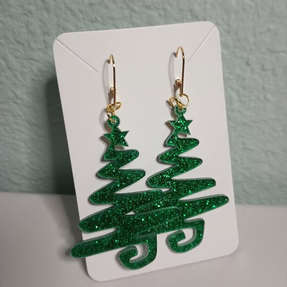 Large Acrylic Green Christmas Tree Earrings - Gold Plated Leverbacks - Picture 3 of 6